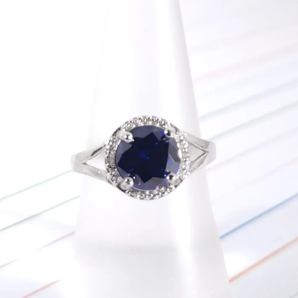 Simulated Tanzanite Halo Ring Size 7 1/2